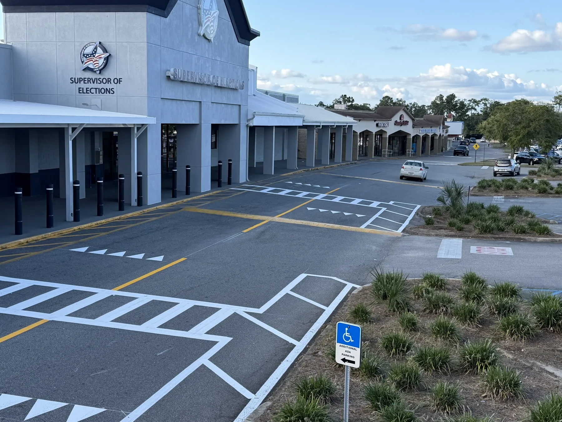 New zebra crosswalks and shark's teeth yield lines in front of the Leon County Supervisor of Elections in Tallahassee